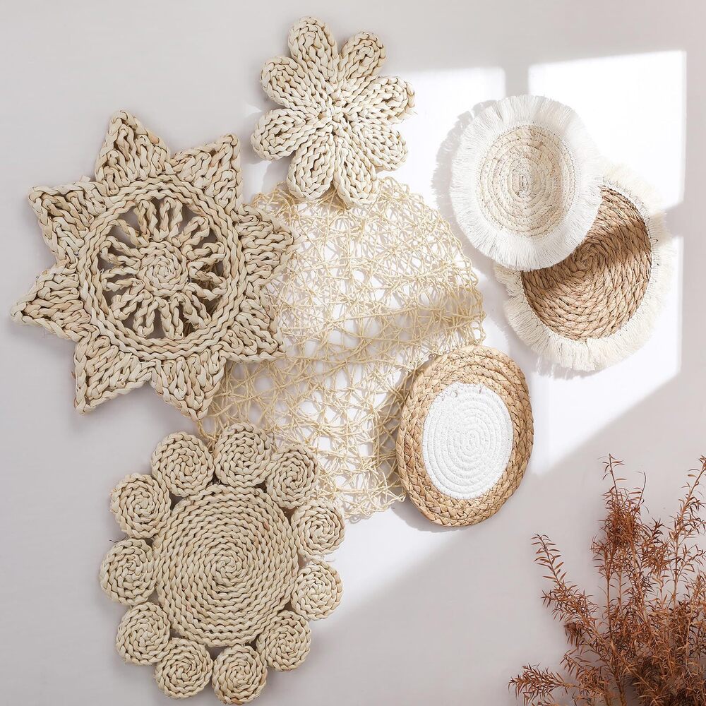 5084 7 Pcs Boho Wall Baskets Decor Hanging Rustic Rattan Wicker Wall